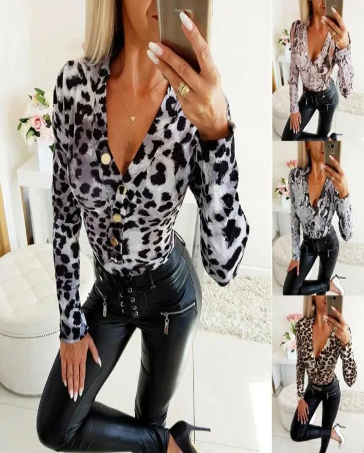 Women039s Bluses Hemden Mode Damen Kleidung Ladies Leopard gegen Nacken Elegante Tops Bodycon Lowcut Langarmbluse Sexy A2518779
