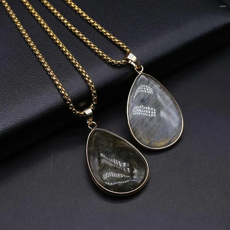 Colliers pendants Reiki Healing Natural Flash Labradorite Droplet Forme Collier en acier inoxydable Femmes Charme hommes Bijoux classiques