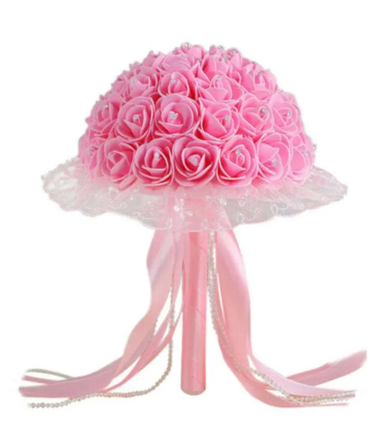 Fleurs décoratives Couronnes de mariage Bouquet Bridal Fleur de soie rose artificielle avec des rubans perles en strass d'événement décor4442397