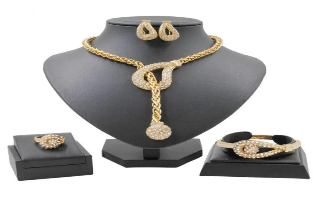 Liffly kreatives Design Braut Gold Schmucksets Kristall Halskette Ring für Frauen Ohrringe Geburtstagsfeier Feine handgefertigte Schmuck 21066845884
