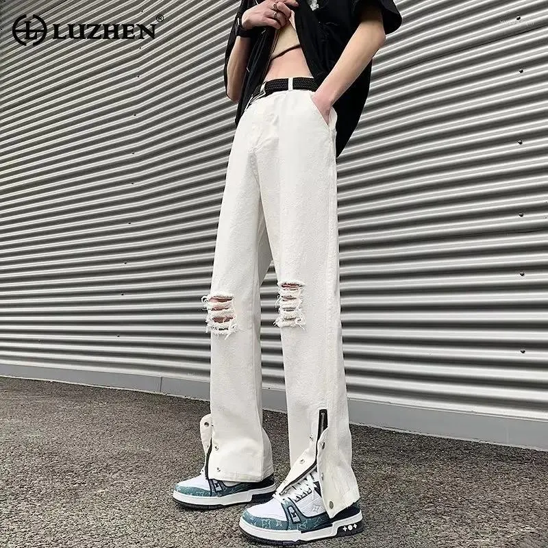 Jeans masculin Luzhen Zipper épissant le design de trou brisé Pantalon de denim droit de la personnalité coréenne originale LZ2815