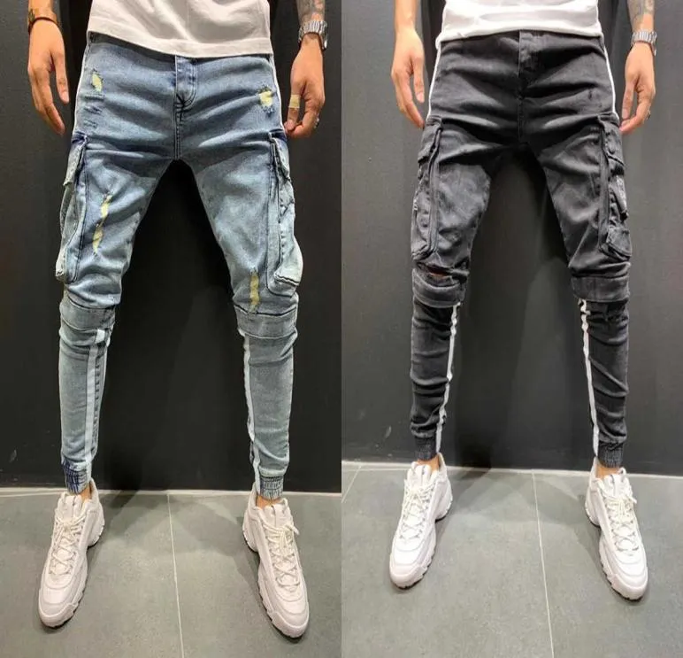 Men039s jeans skinny lisão lateral calça lápis Hiphop Biker jeans Multipockets Sports Sports Male Jogging Cargo Pants S3L Siz 3195420