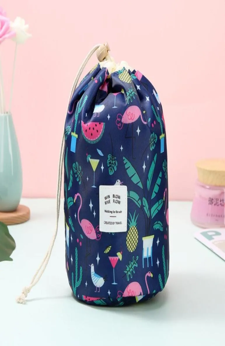 Women Cosmetic Bag Barrel Shaped Makeup Bag Oxford Cylinder Drawstring Travel Storage Bags Cartoon Cactus Flamingo Flower 9 Colors1519653