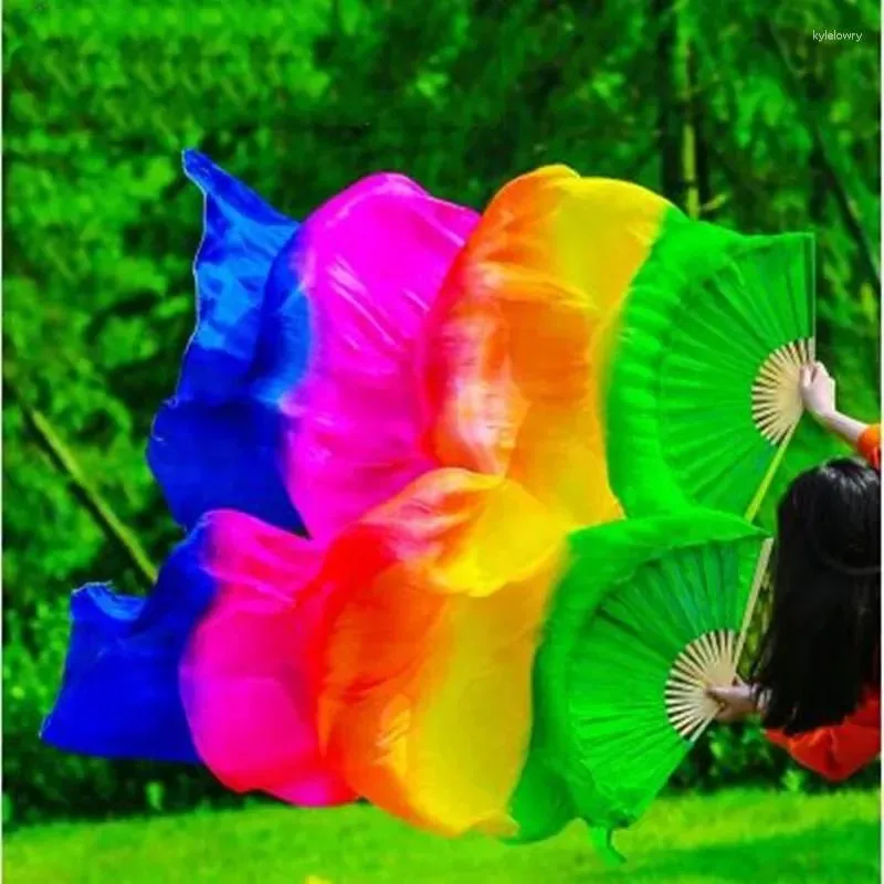 Stage Draag Groothandel Real Silk Bellydance Fan Veils één paar Rainbow Gradient Dancer Performance Show Props 120cm 180 cm