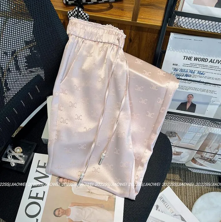 Tasarımcı Kadın Pantolon Yüksek Elastik Bel Pantolon Bayanlarla Drawstring Logo Baskı Saten Sweatpants Kadın Geniş Bacak Elastik Bel Gündelik Pantolon