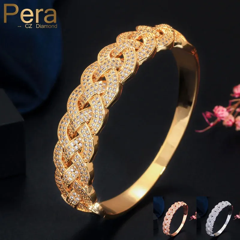 Pera luxuriöse goldene Farbe Kubik Zirkonia rund große breite, verdrehte Webenbrautarmbänder Armreifen für Hochzeit Frauen Schmuck Z051 240424