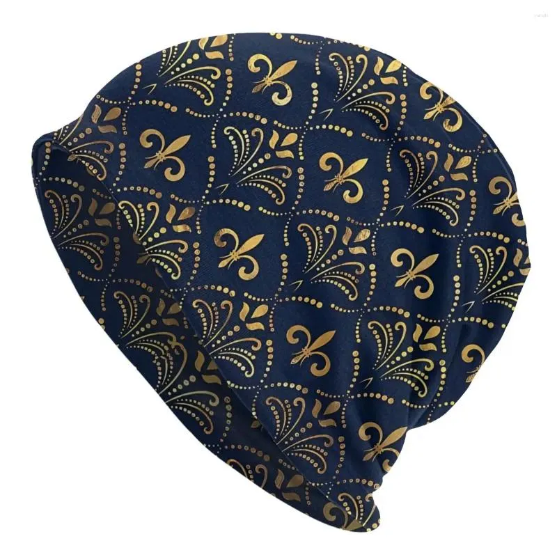 Bergen elegantes Muster Gold und tiefblau Fleur de lis Herbst weibliche dünne Beanies im Freien Unisex Schädel