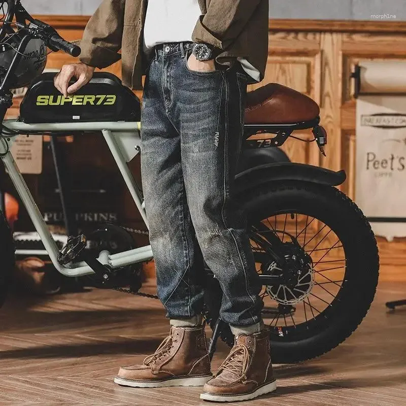 Calça de calça de jeans masculina motocicleta cortada com bolsos calças de cowboy masculino para homens lavados roupas clássicas de outono de outono spring xs