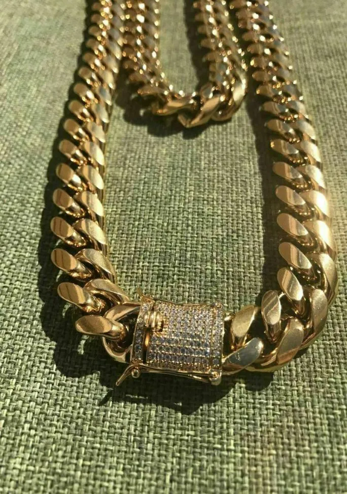 MEN039S Miami Cuban Link Chain 18k Gold plattiert Edelstahl 14mm Diamant Clasp8247959