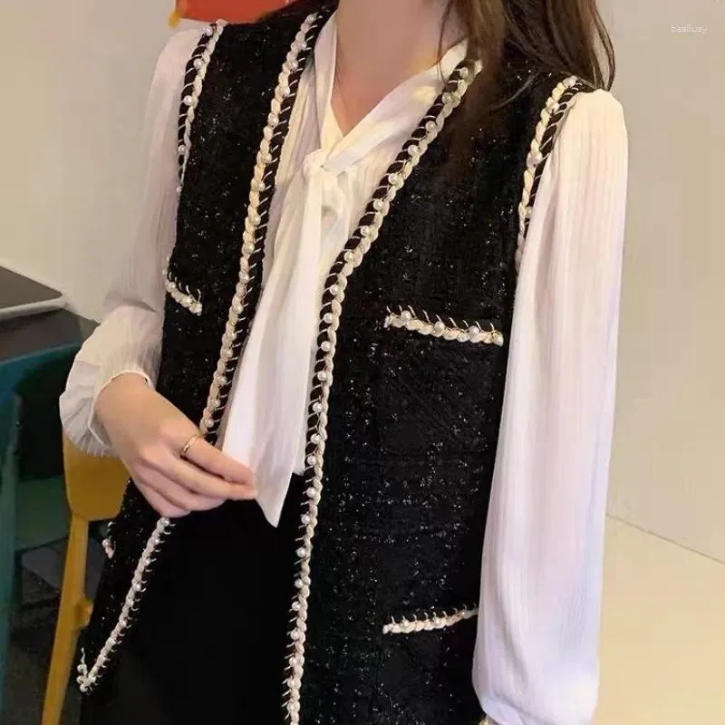 Women's Vests Small Fragrance Pearl Buckle Vest Plus Size 2024 Spring Autumn Women Jackets Tweed And Bright Silk Coat Commuting Cardigan