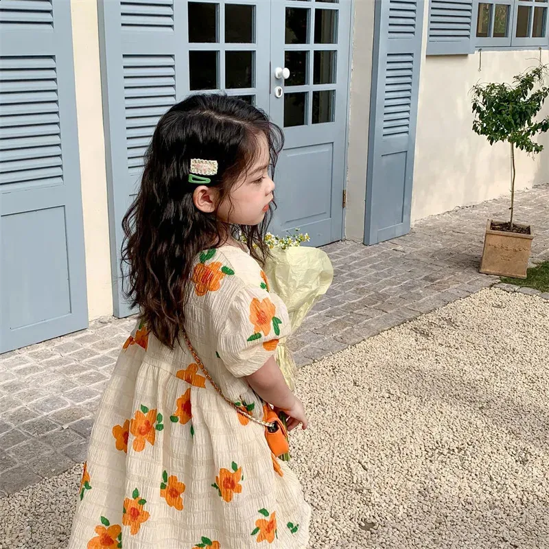 Mädchen Sommerprinzessin Kleid atmungsaktives Kleidungsstück Kleid Dame süße Blumen -Vestidos Kinderkleidung Baby Kinder Kleidung 240423