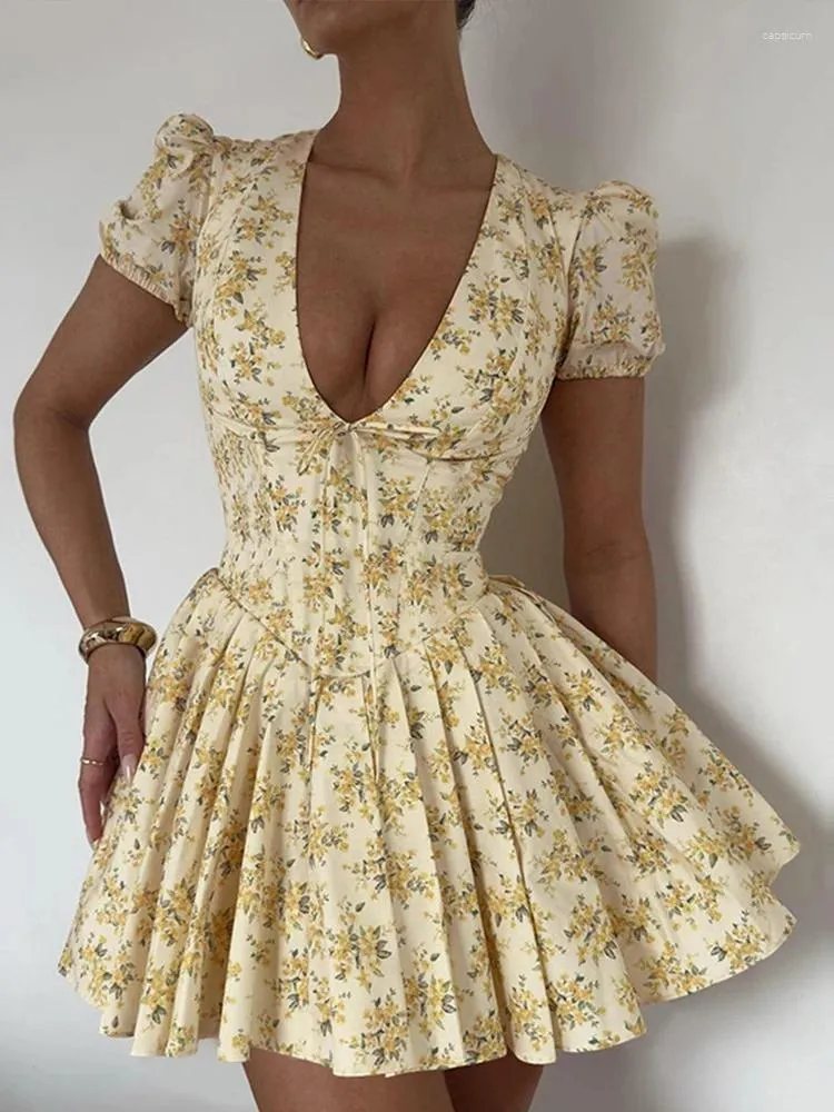 Womens Casual Floral Printed Deep V-neck Mini Dress, Short Womens Casual Floral Printed Deep V-neck Mini Dress, Short