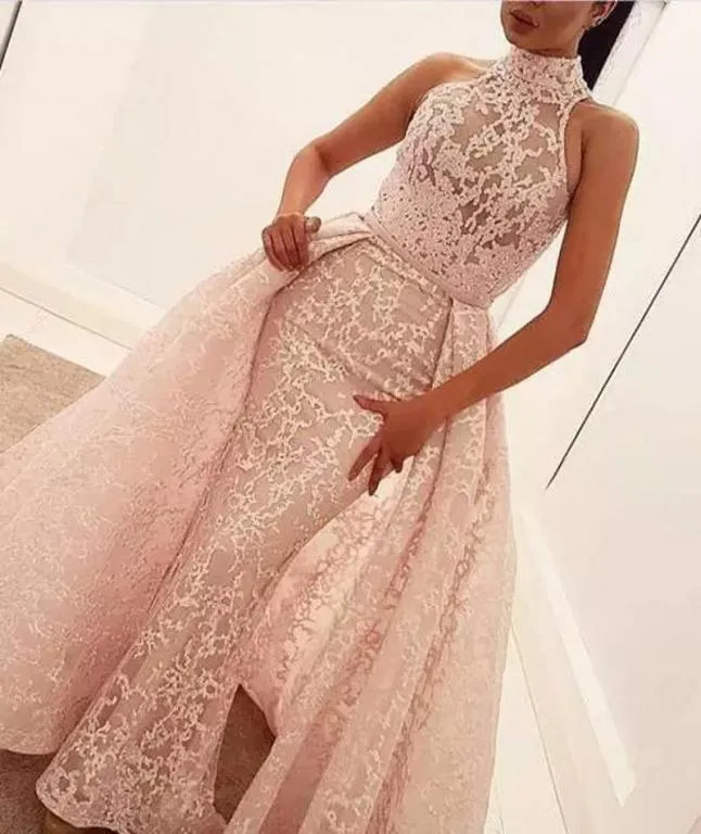 Sexy High Neck Mermaid Sukienki balowe 2020 rumieniec różowy koronkowy dorskurt formalne suknie vestidos de fiesta8105809