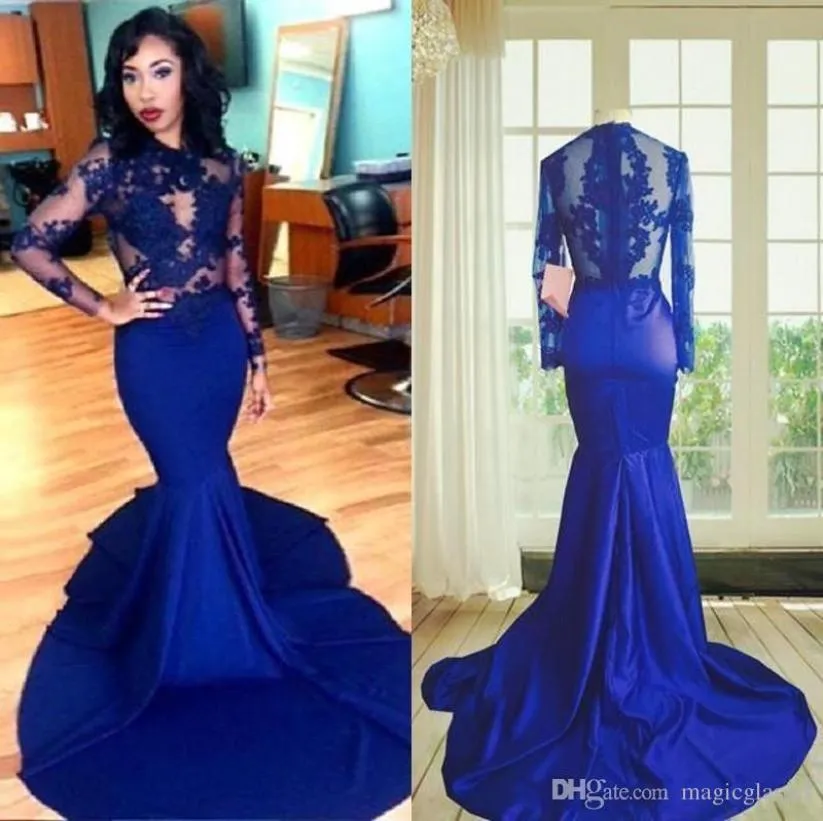 Langarmes Spitzen -Prom -Kleid Mermaid Style High Neck Seethrough Lace Applices Sexy Royal Blue African Party Abendkleider 20188335647