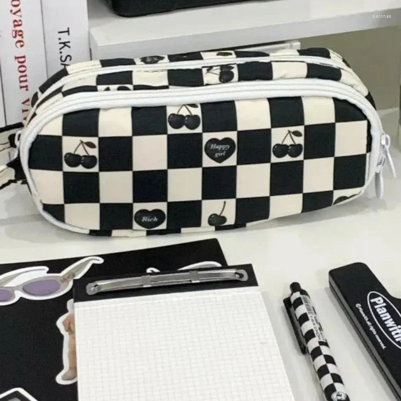 Pc Fashion Student Pencil Case Classic Checkboard Stationery Bag Black White Color High Capacity Scrapbook Storage