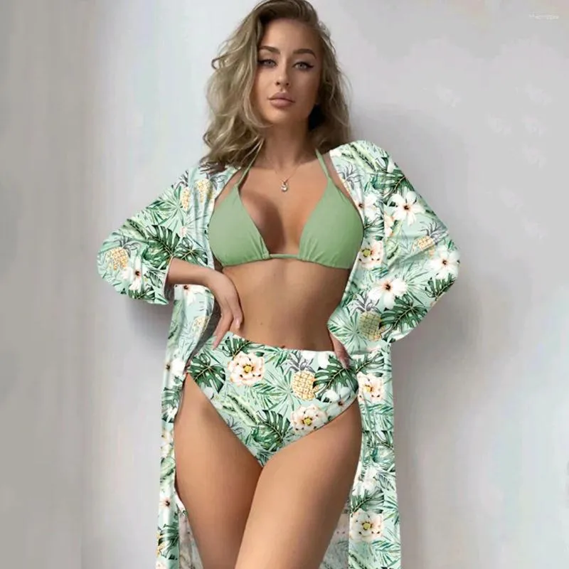 Swimwear Women 3 Pack Pack Floral Print Triangle Bikini Set Swimsuit Femmes Cover Up Summer Beach Bathing Fissure High Waited Bikinis Kimono