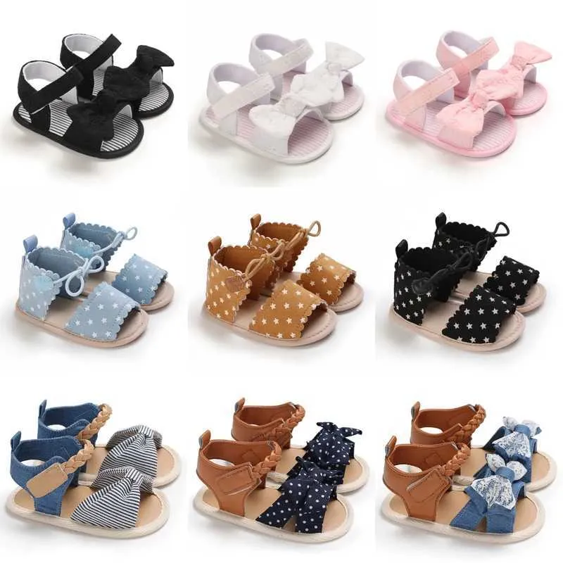 First Walkers baby schoenen meisje flats sandalen zachte zool anti-slip zomer bowknot stip streep kanten wieg pasgeboren walker hot sale h240504