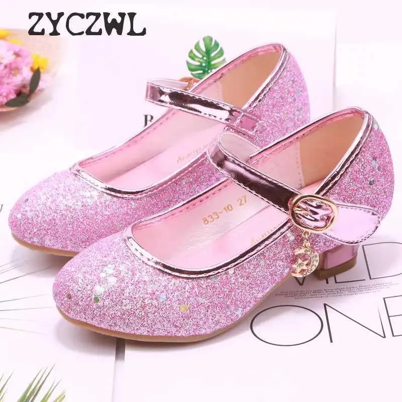 Flat Shoes Children Princess Shoes Student Dance For Girls High Heel Sandalen Dress Purple Kids Leer Glitter Crystal Banquet H240504