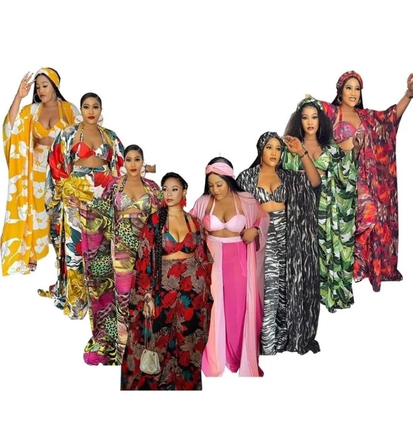 Women039s Tracksuits Ladies 4 Piece Set African Dashiki Fashion Long Topps BRA SCARF WIDE Pants Four Piece Suit Party Dresses FO1491931