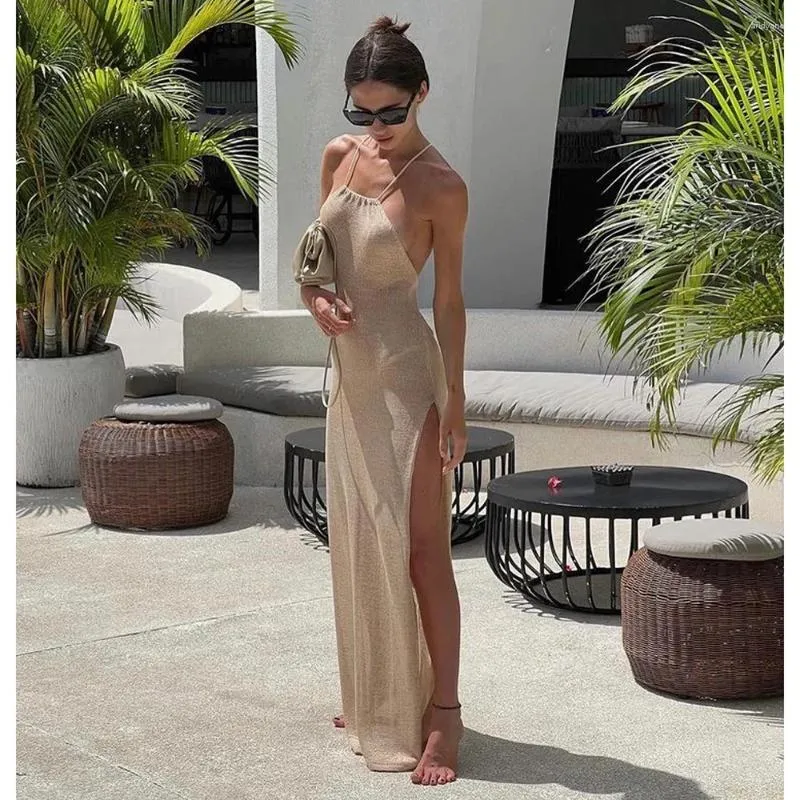 Summer Kintted Cover Up Beach Sexy See Through Maxi Slit Bodycon Dress Bikinis Coping Elegant Halter Beachdress