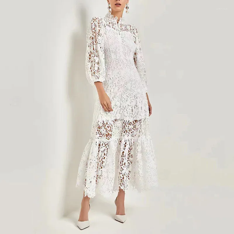 Robes décontractées de la marque Jamerary Designer fleur broderie de lace blanche robe de bal de bal Femmes d'automne d'été vacances à manches longues maxi vestidos