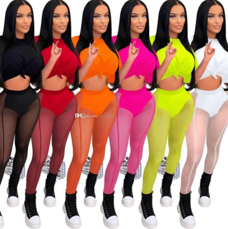 Été sexy pantalon à deux pièces en msh set Tracksuits pour femmes 2 pièces à manches courtes T-shirt Voir à travers les leggings Fashion Outfits6346680