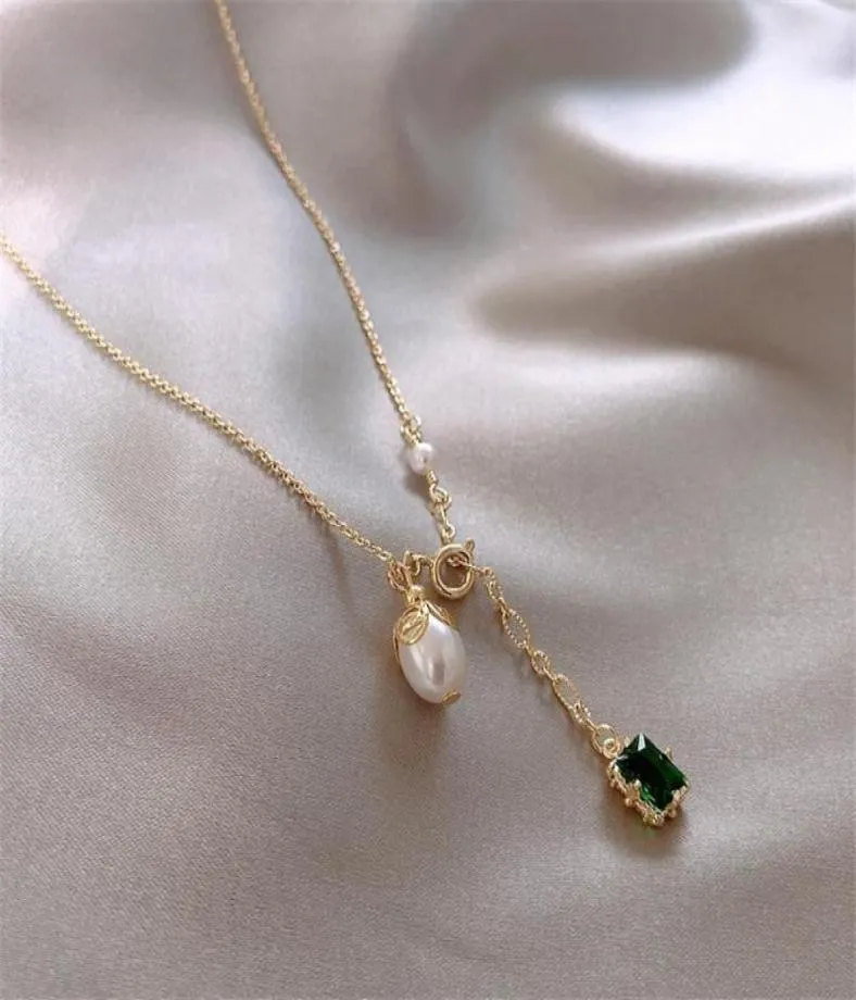 Linmouge Korean Green Nature Stone Pearl Pendant Złoty kolor Naszyjnik dla kobiet w łańcuchu temperamentu Biżuteria NF10