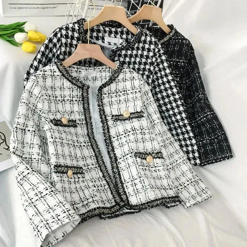 Vintage Tweed Plaid Cropted Jacket Women Spring herfst Elegant Slim Long Sleeve Cardigan Coats Street Koreaanse Fringe Outerwear 240430