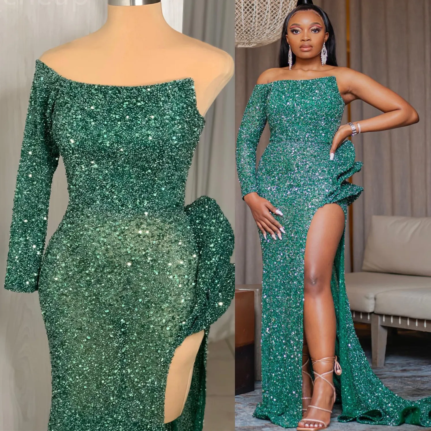 2024 Aso Ebi Hunter Green Mermaid Prom Dress Sequined Lace Evening Formal Party Second Reception 50th Birthday Engagement Gowns Dresses Robe De Soiree ZJ340