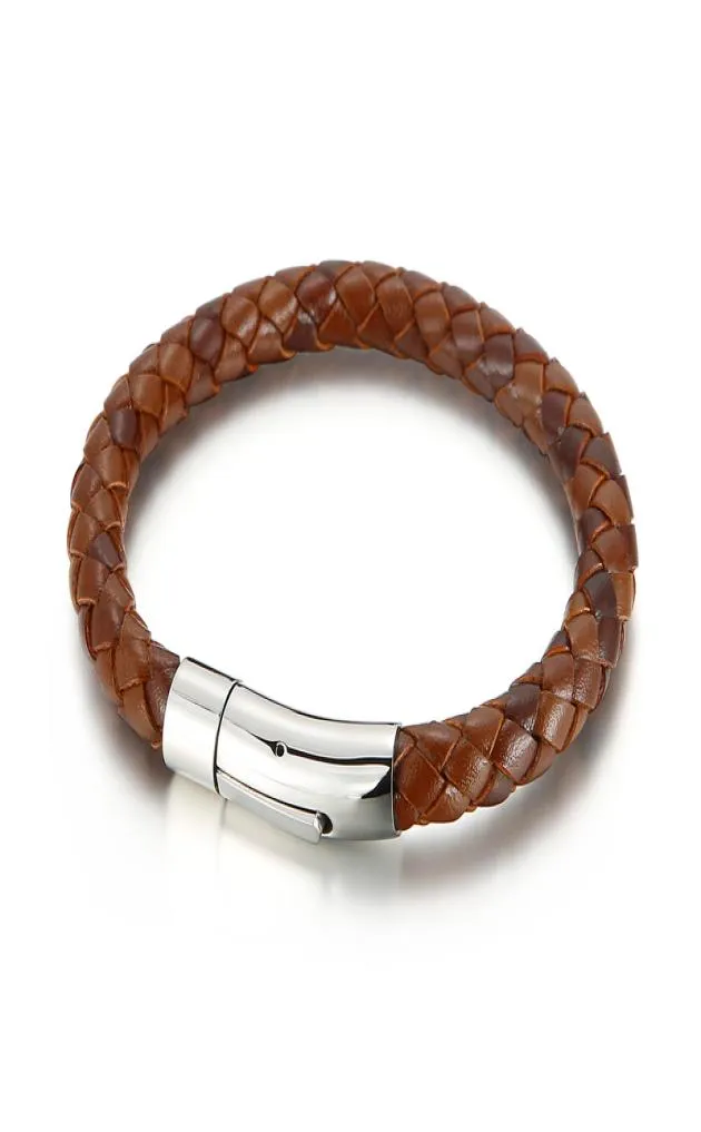 Handmade Jewelry Men039s Brown Blue Color 8mm Leather Cord Braided Chain Bracelet 215mm Stainless Steel Clasp2502036