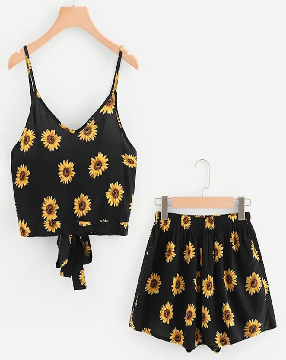 Womail Set Women V-Neck Sling Sleeveless Print Bow Crop Tops Cord Shorts Outfit Set Women Two Piece Set Summer May 27 T2007027280362