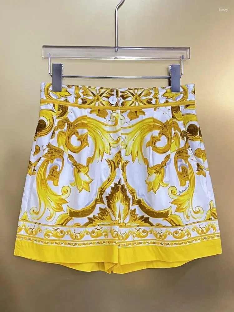 Short féminin Mode d'été Femmes Cotton jaune Porcelaine Printing Street Girl's Mini Pants