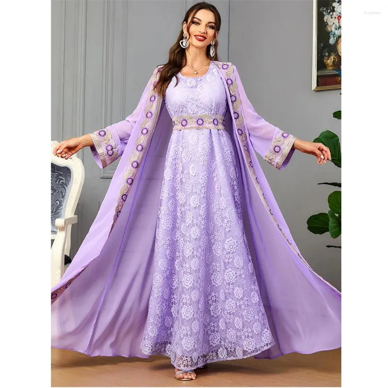 Vêtements ethniques Open Abayas Femmes musulmanes Lace Kimono Maxi Robes Turquie Arabe 2 pièces Set Kaftan Dubai Islamic Tenues Eid Party