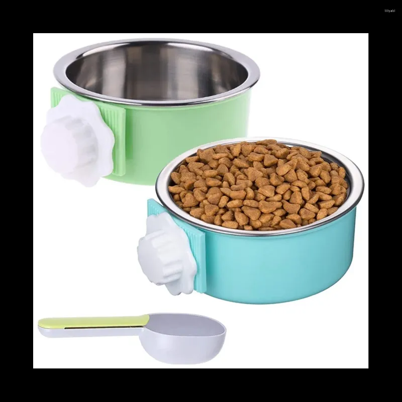 Dog Apparel 2 Pieces Crate Bowl Removable Stainless Steel Pet Kennel Hanging Food Water Feeder Cage Coop Cup With Spoon