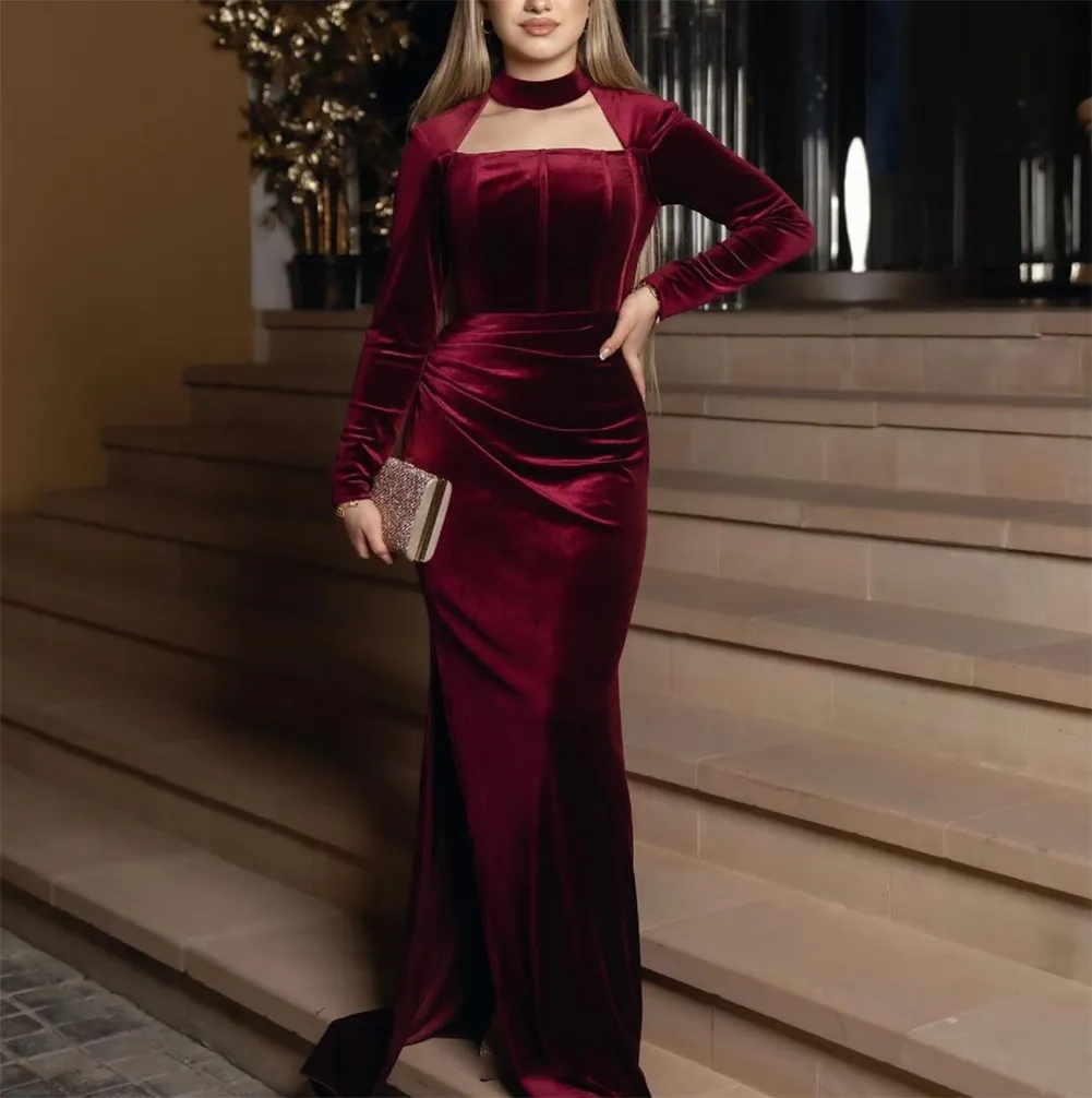 Burgundy Velvet Mermaid Evening Dress Long Sleeve Formal Party
