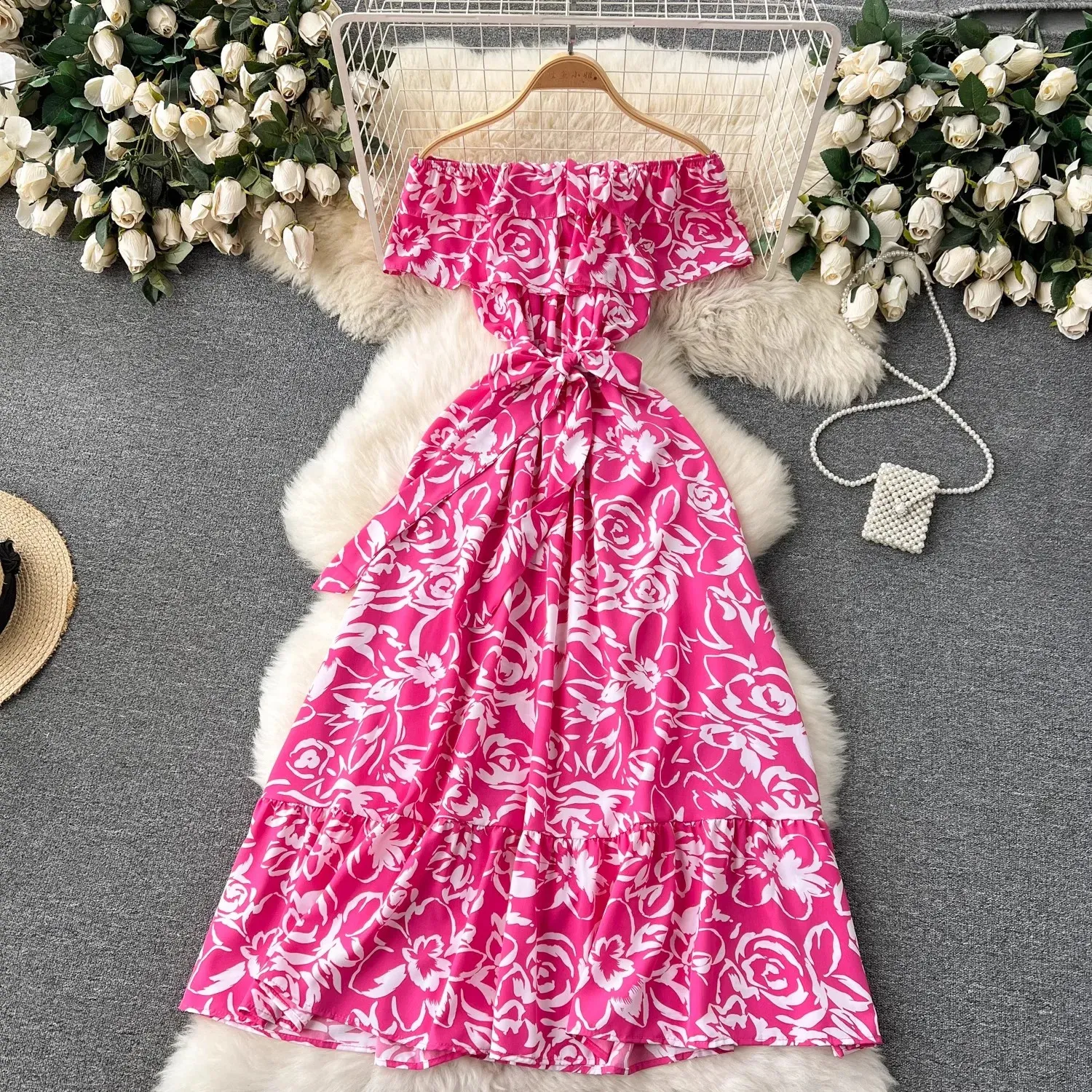 Yuoomuoo Romantic Floral Print Off Axles Long Women Dress 2024 Summer Fashion Bohemian Vacation Beach Party Robe Femme 240429