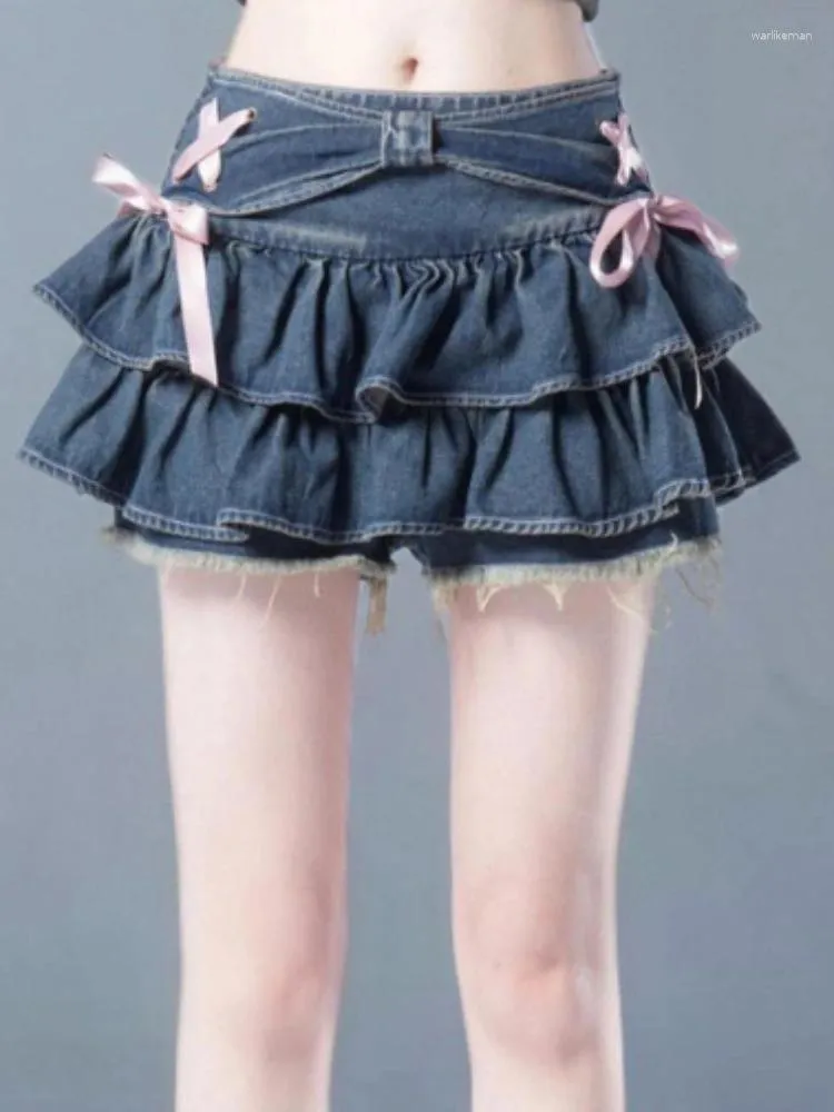 Jupes 2024 Style coréen japonais y2k jupe denim mini-femmes kawaii taille élastique patchwork A-line mignon jeans sexy ruffles