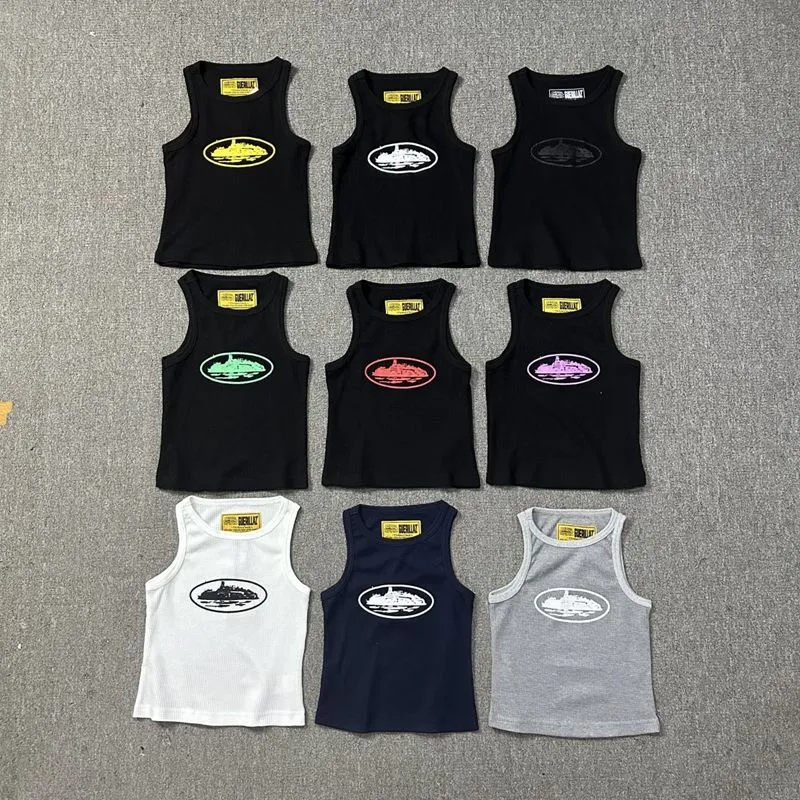 Cortezs Tracksuit męskie T-shirty zbiorniki w rozmiarze Plus w rozmiarze Krótkie kamizelki Czarne bez rękawów O-Neck Y2K Croptops Nowe Cortezs Women T-koszul