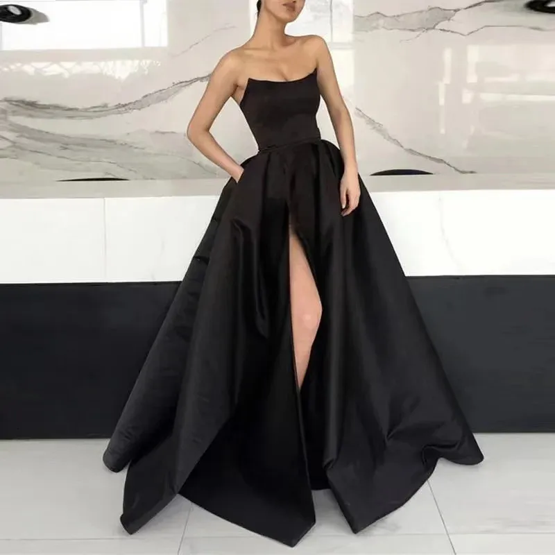 statin formal dress Amoris -T708 Strapless Satin High Leg Slit Plated Prom Gown XXS / GREENERY