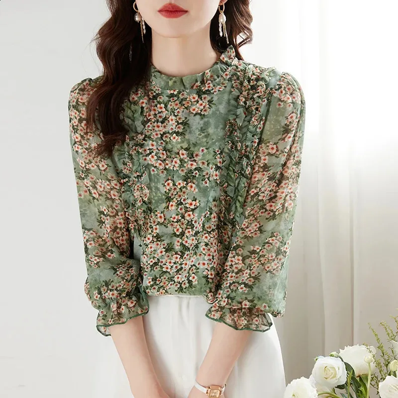 Fashion Printing Ladies Murffon Shirts Elegant Womens Blouses Spring Automne Shirts Tops Blusas Mujer 240418