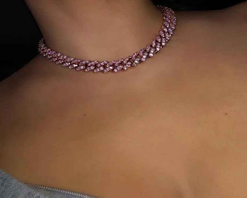 Pink Girl Women Jewelry Micro Pave Pink CZ Miami Cuban Link Sain Choker Naszyjnik Kobieta Hip Hop Biżuteria Moda 8121113