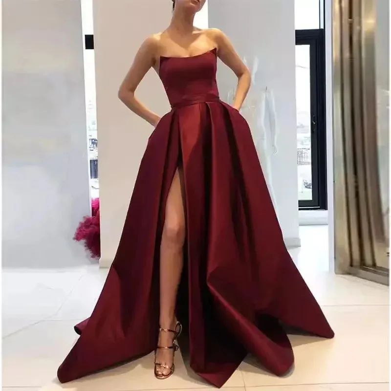Burgundy Satin Long Satin prom dress with Pockets, Side Slit, and Strapless - Elegant Long Evening Party Gown for Women in Wine Red (Style 240424)