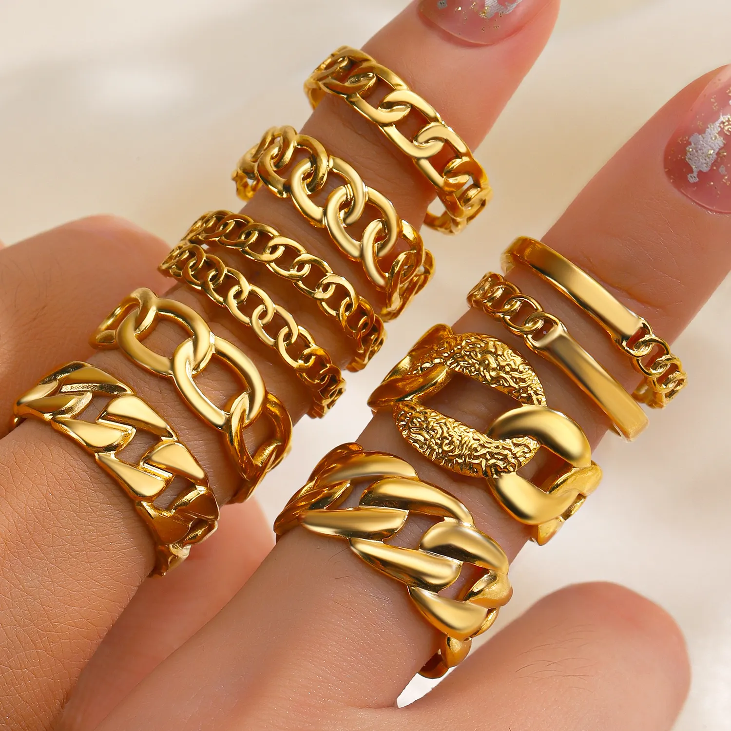 Großhandel 3pcs Edelstahlkettenring Öffnen Manschette Mehrschicht antike Goldfinger Ring Party Desinger Schmuck Verstellbare Größe