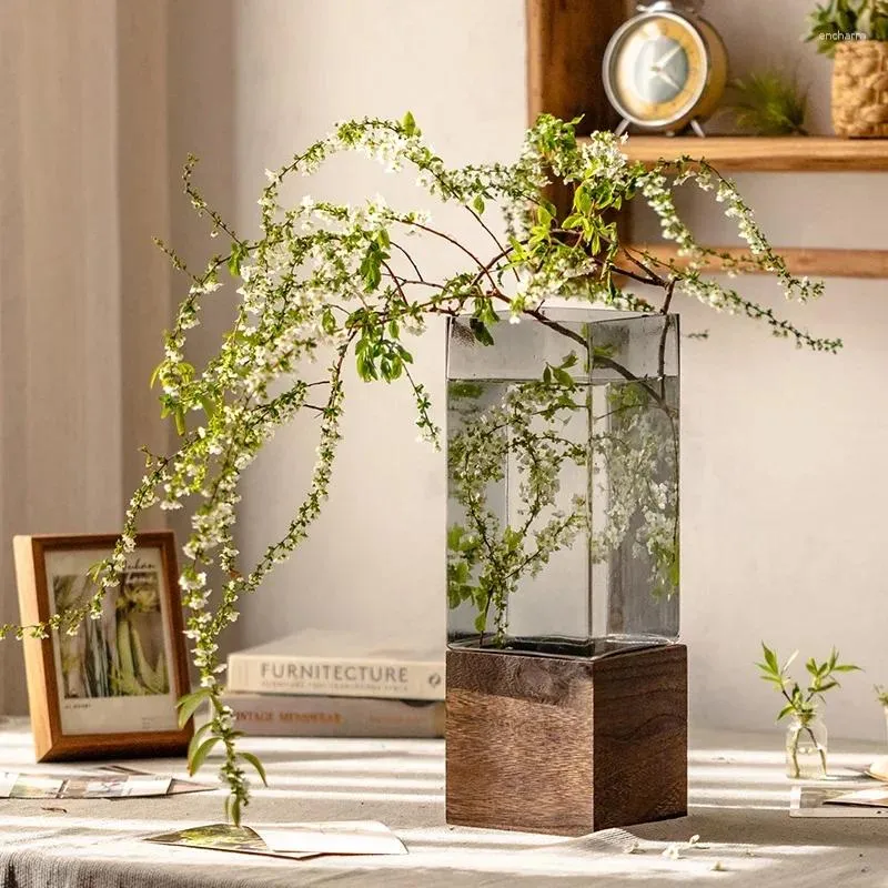 Vaser blommor vas trä rum terrarium med glas bas torkad hydroponisk nordisk dekoration för kontor konstgjordt liv