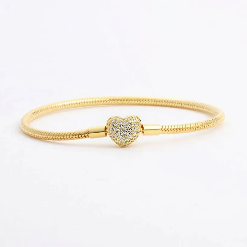 18K Sarı Altın Kaplama CZ Pırlanta Kalp Bilezikleri Pandora için Orijinal Kutu Seti 925 Gümüş Yılan Zinciri Bilezik Kadınlar İçin Düğün Jewelr 266p
