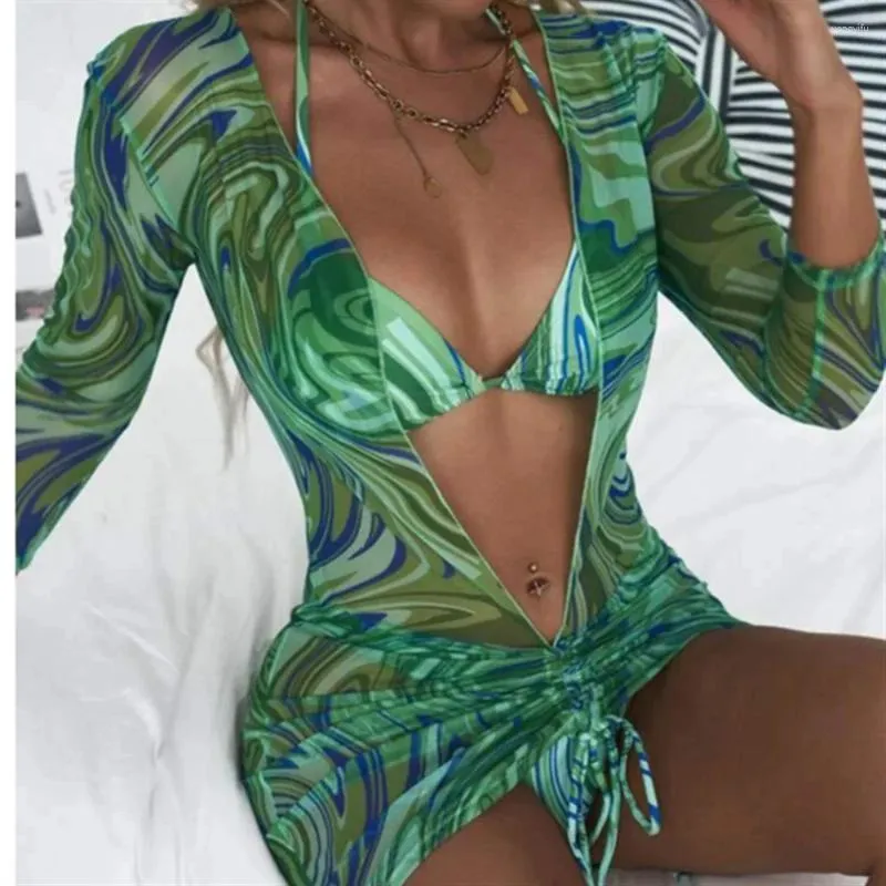 Women's Swimwear 2024 Mesh Gauze Split Three-piece Bikini European And American Straps Halter Neck Sexy Swimsuit Beach Clothes