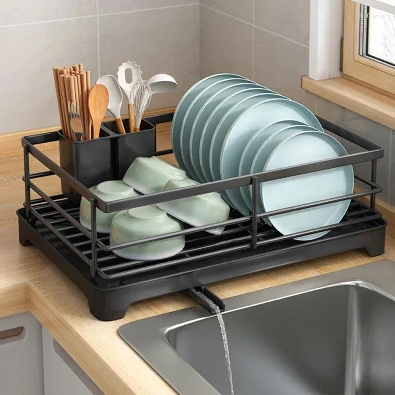 KINGRACK Expandable Dish Drying Rack - Aluminium Foldable Dish Racks For Kitchen Counter, Adjustable Dish Drying Rack With Drainboard Set Swivel Spout, Removable Utensil Holder, Cups Holder, Black