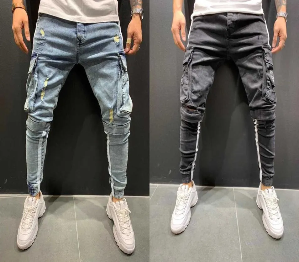 Men039S Skinny Jeans Side Stripe potloodbroek Hiphop Biker Denim Multipockets Sportproeken Mannelijke jogging vrachtbroek S3L SIZ 6036120