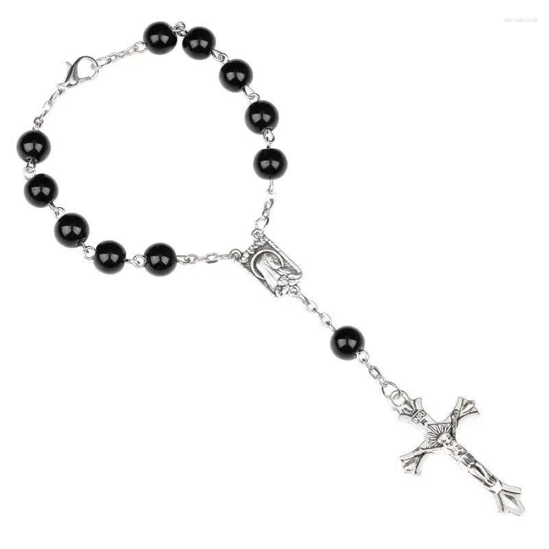 Bracelet à charme croisé de chapelet 8 mm Rosaire pour les femmes hommes Religieux Black Glass Beads Bangle Catholicisme Prayer Jewelry