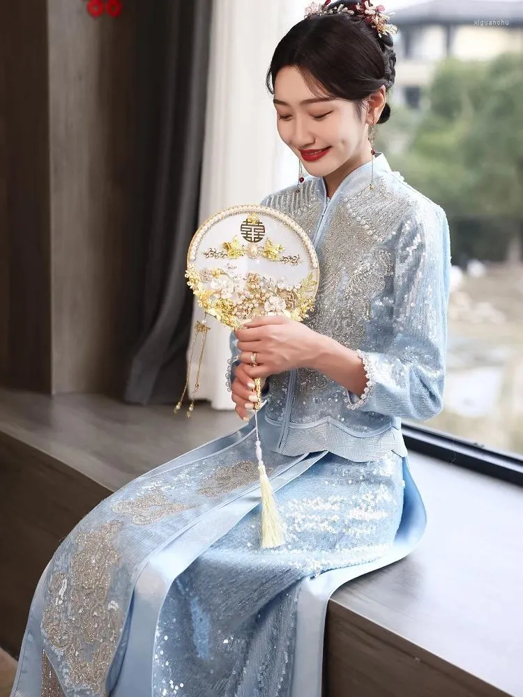 Ethnische Kleidung Frauen funkelnde blaue Pailletten Cheongsam Chinese Style Hochzeitskleid Vintage Elegante Brautkleid Perlen Qipao Toast